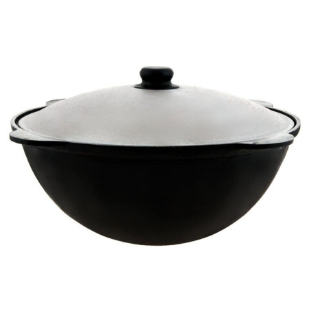 Казан узбекский чугунный 16л круглое дно с крышкой САДЖ-сковородой